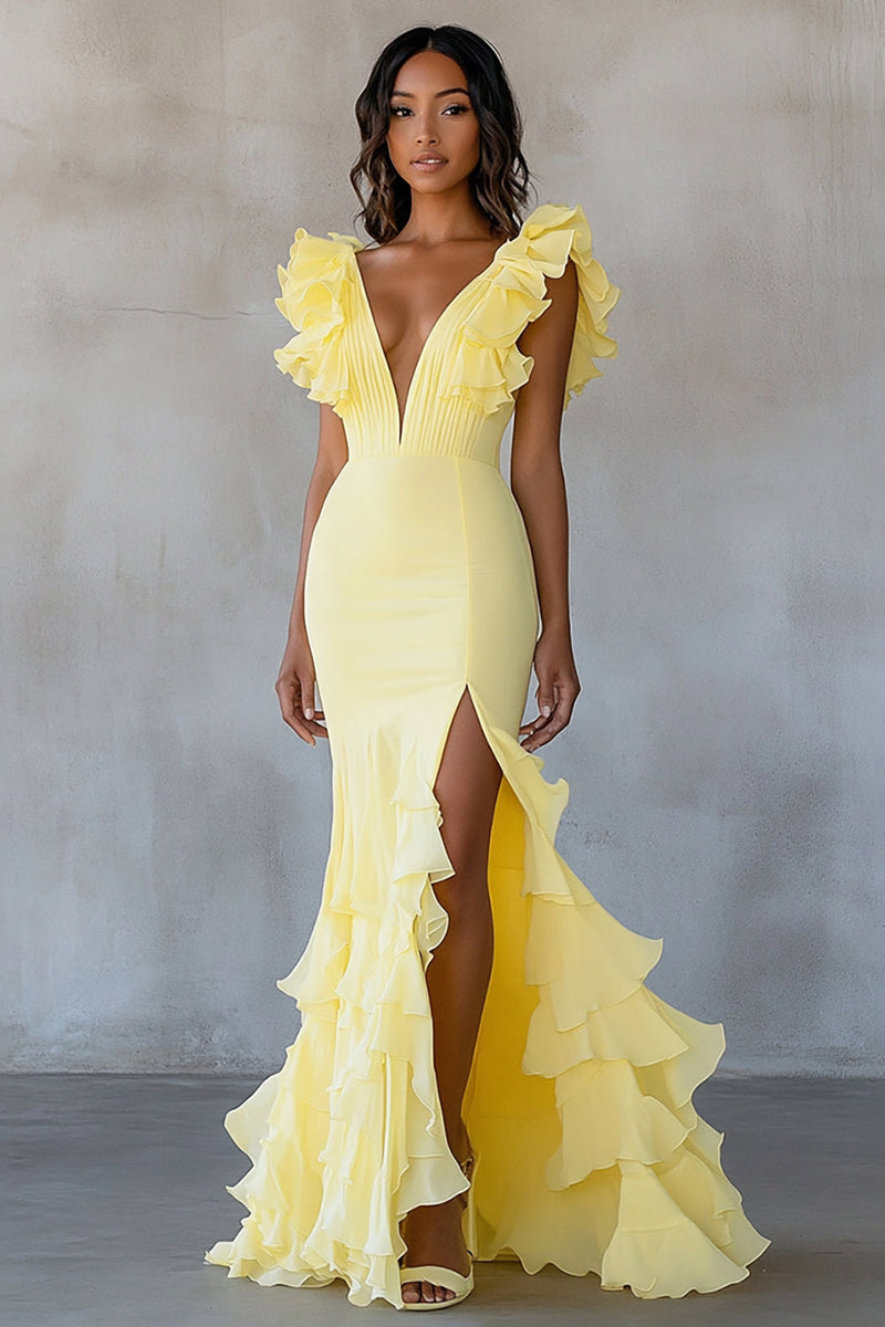 Load image into Gallery viewer, Yellow V-Neck Mermaid Ruffles Formal Dress with Slit