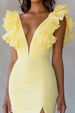 Yellow V-Neck Mermaid Ruffles Formal Dress with Slit