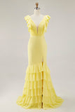 Yellow Mermaid V-Neck Tiered Long Formal Dress with Ruffled Slit