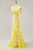 Yellow Mermaid V-Neck Tiered Long Formal Dress with Ruffled Slit