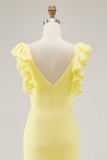 Yellow Mermaid V-Neck Tiered Long Formal Dress with Ruffled Slit
