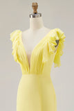 Yellow Mermaid V-Neck Tiered Long Formal Dress with Ruffled Slit