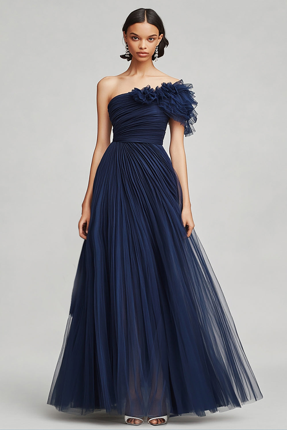 Navy One Shoulder Ruffles Tulle Formal Dress