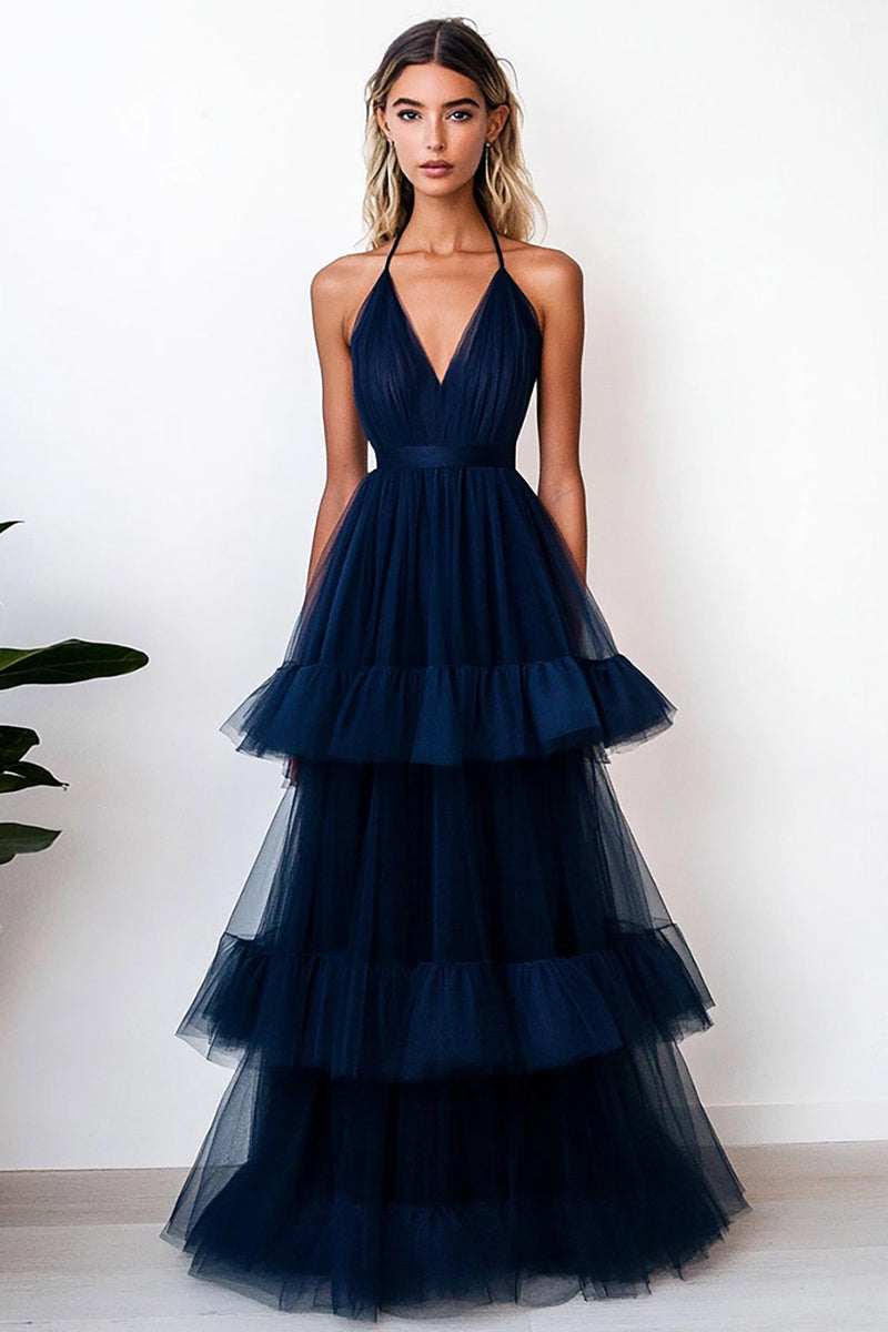 Load image into Gallery viewer, Navy A Line Tiered Tulle Long Formal Dress