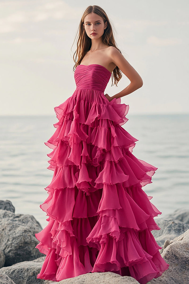 Load image into Gallery viewer, Ruffle Fuchsia A Line Strapless Formal Dress