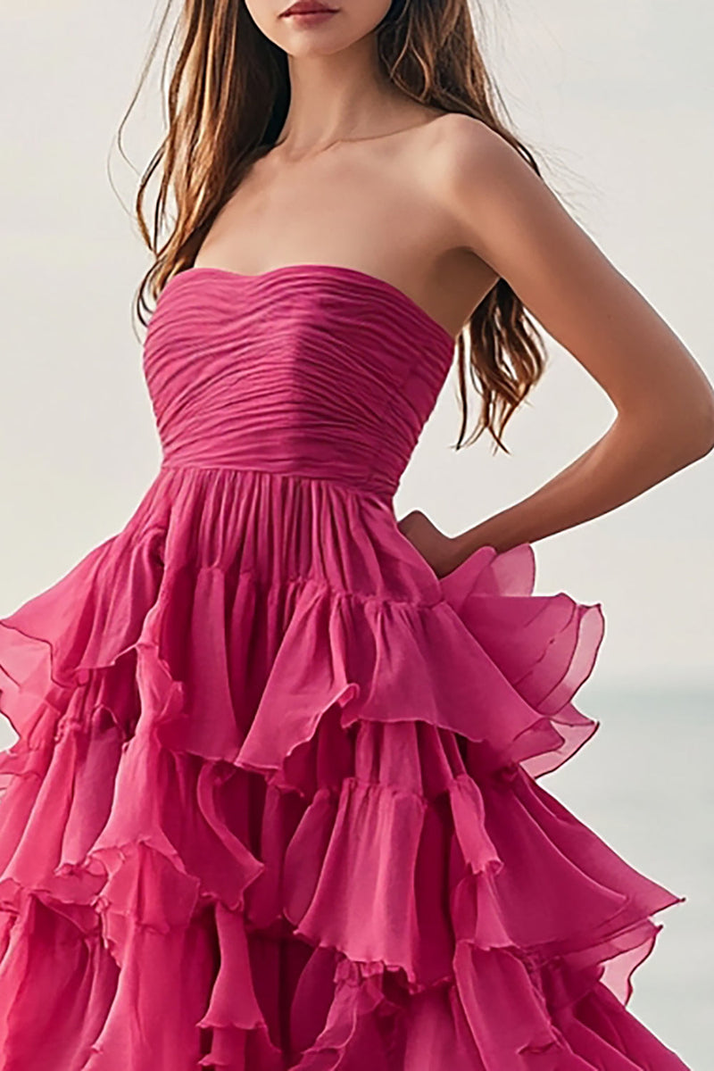 Load image into Gallery viewer, Ruffle Fuchsia A Line Strapless Formal Dress