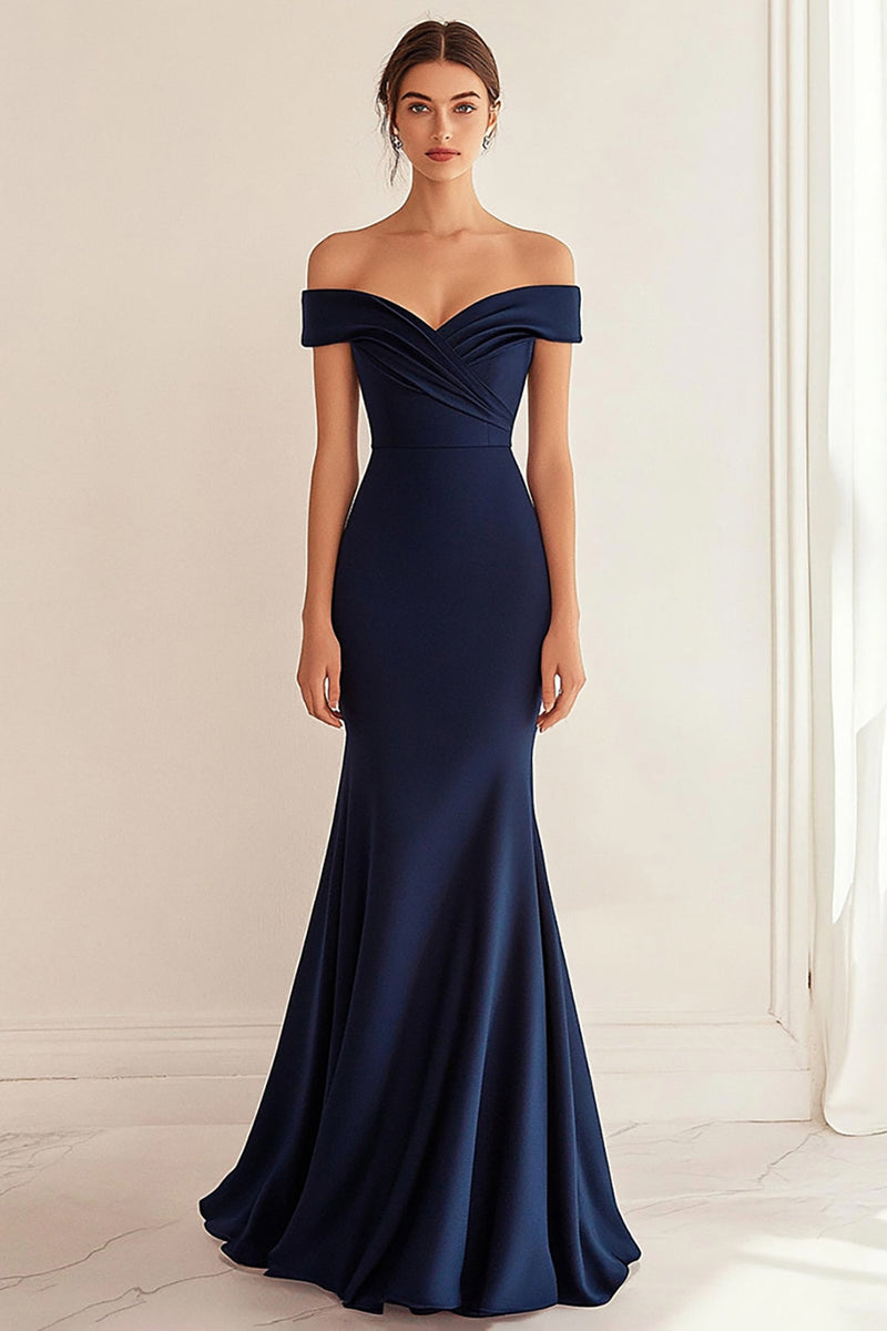 Load image into Gallery viewer, Off the Shoulder Mermaid Ruched Navy Formal Dress