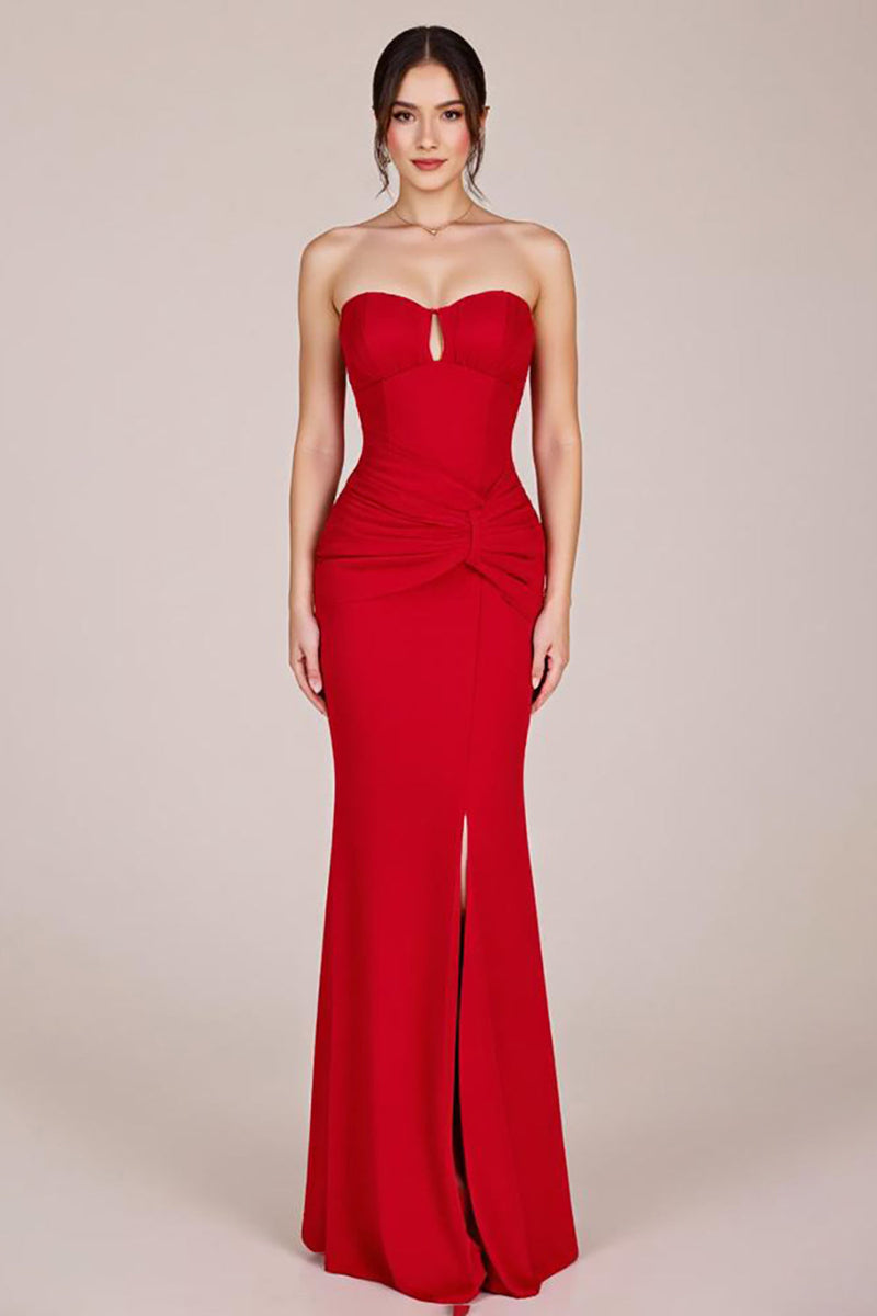 Load image into Gallery viewer, Red Strapless Ruched Mermaid Long Formal Dress with Slit
