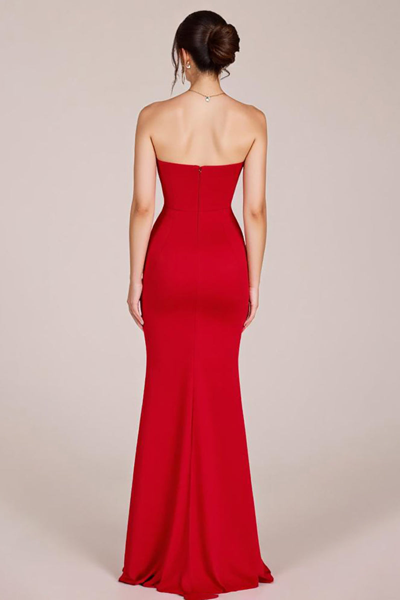 Load image into Gallery viewer, Red Strapless Ruched Mermaid Long Formal Dress with Slit
