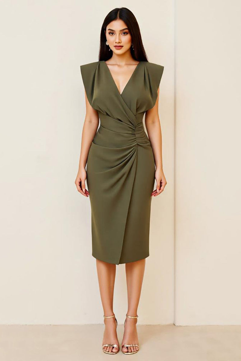 Load image into Gallery viewer, Olive Ruched Bodycon V Neck Midi Formal Dress