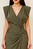 Olive Ruched Bodycon V Neck Midi Formal Dress