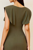 Olive Ruched Bodycon V Neck Midi Formal Dress