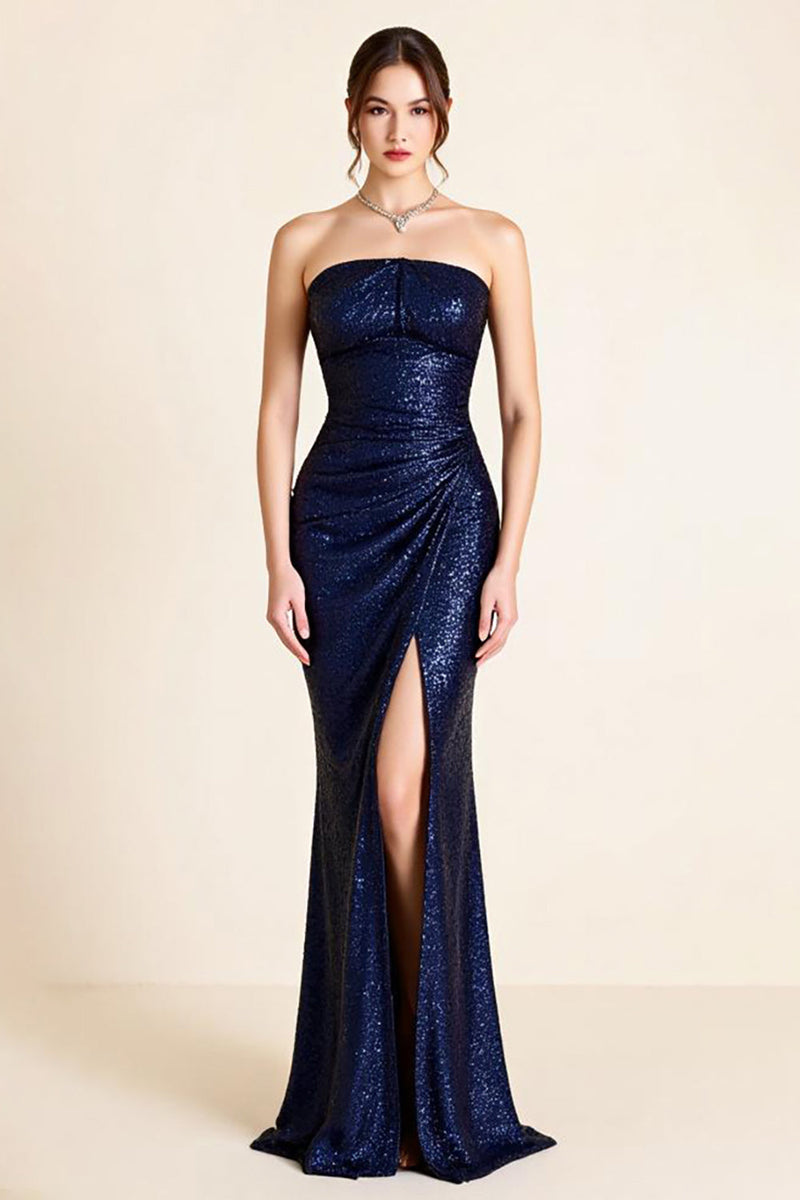 Load image into Gallery viewer, Sparkly Navy Strapless Ruched Mermaid Long Formal Dress with Slit