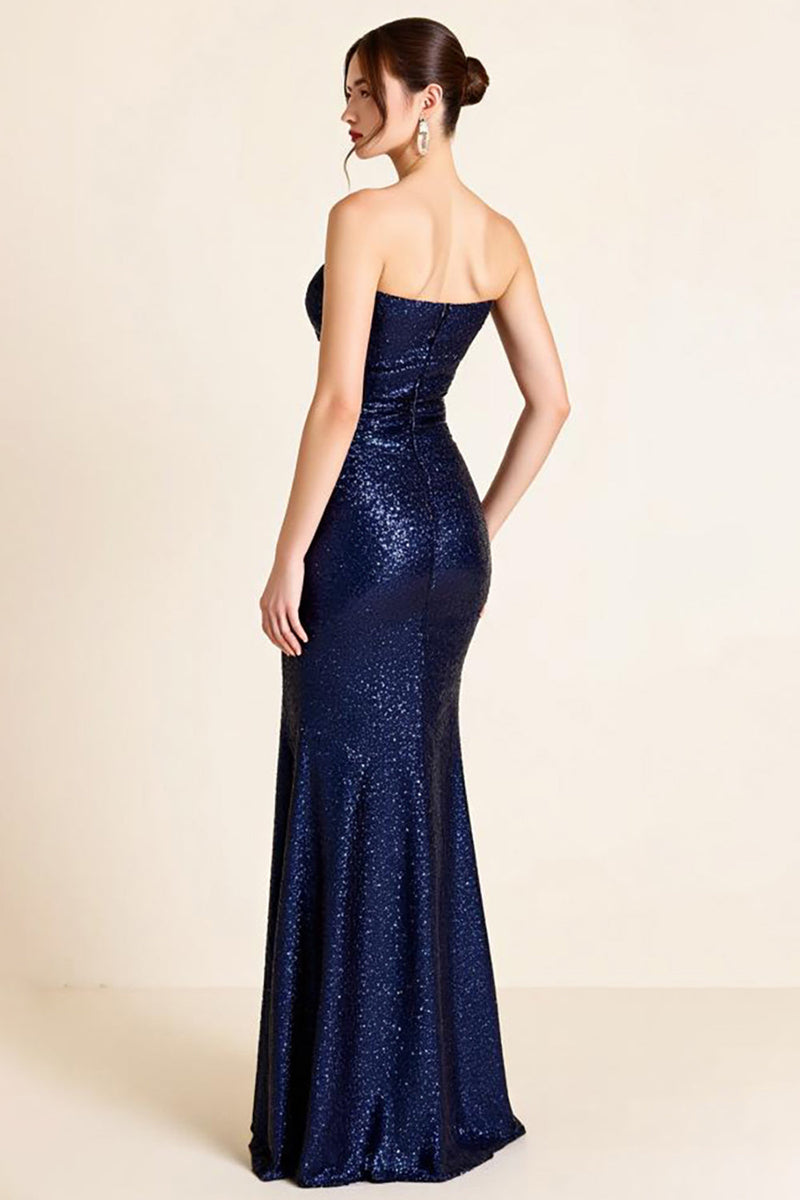 Load image into Gallery viewer, Sparkly Navy Strapless Ruched Mermaid Long Formal Dress with Slit
