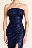 Sparkly Navy Strapless Ruched Mermaid Long Formal Dress with Slit
