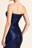 Sparkly Navy Strapless Ruched Mermaid Long Formal Dress with Slit