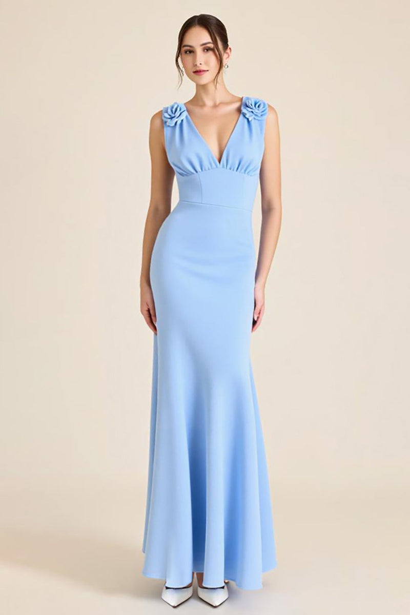 Load image into Gallery viewer, Sky Blue Mermaid V Neck Long Formal Dress with Flowers
