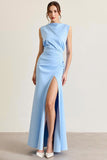Sky Blue Ruched Sheath Formal Dress with Slit