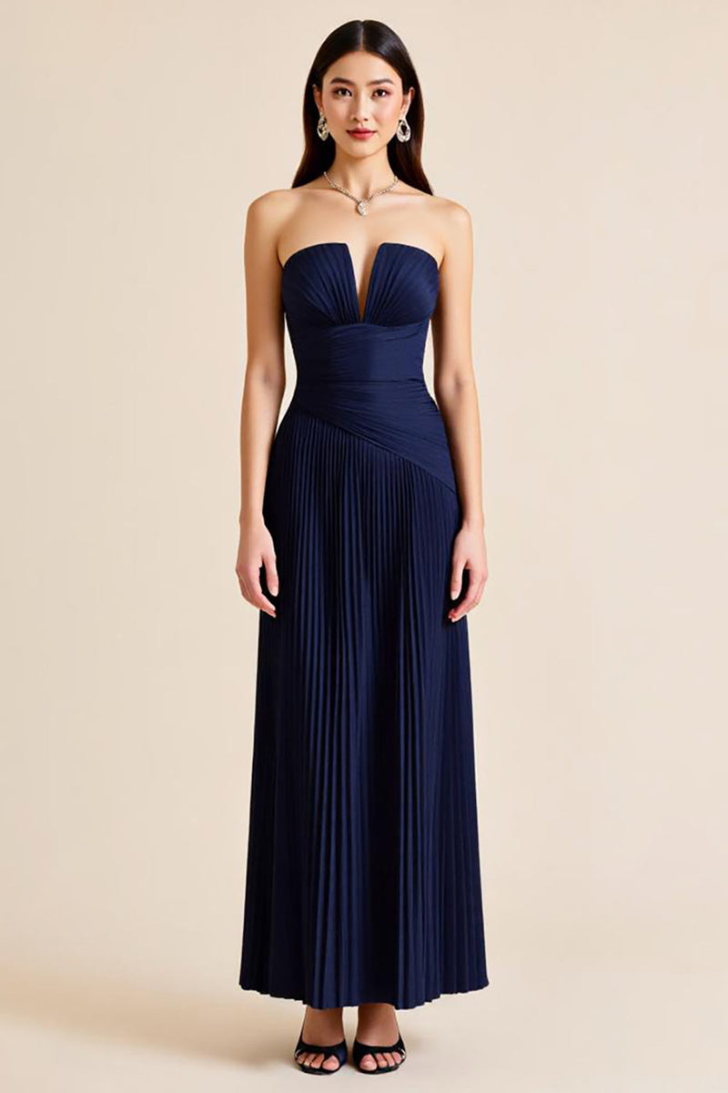 Load image into Gallery viewer, Pleated Navy Strapless Satin Pleated Long Formal Dress