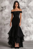 Black Off the Shoulder Mermaid Long Formal Dress with Ruffles
