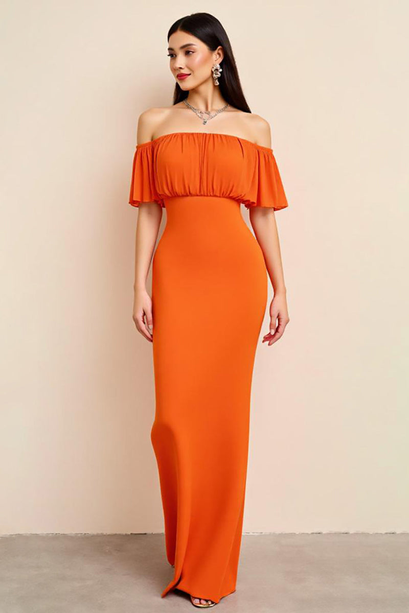 Load image into Gallery viewer, Orange Ruched Off the Shoulder Long Wedding Guest Dress