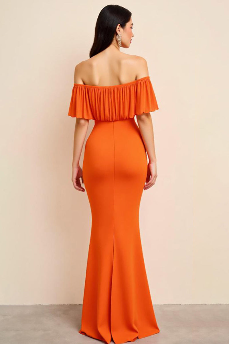 Load image into Gallery viewer, Orange Ruched Off the Shoulder Long Wedding Guest Dress