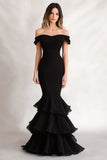 Off the Shoulder Black Mermaid Tiered Satin Wedding Guest Dress