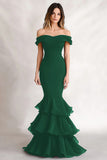 Off the Shoulder Black Mermaid Tiered Satin Wedding Guest Dress