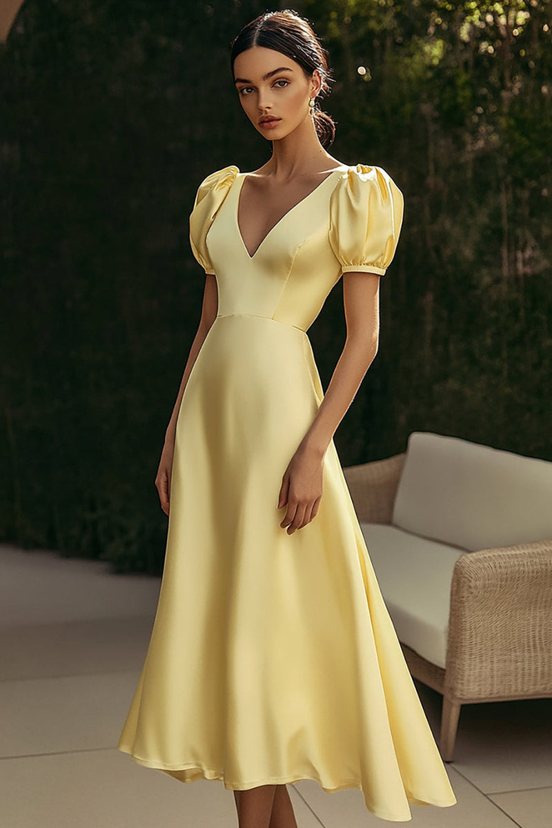 Load image into Gallery viewer, Yellow Satin A Line V-Neck Formal Dress with Puff Sleeves