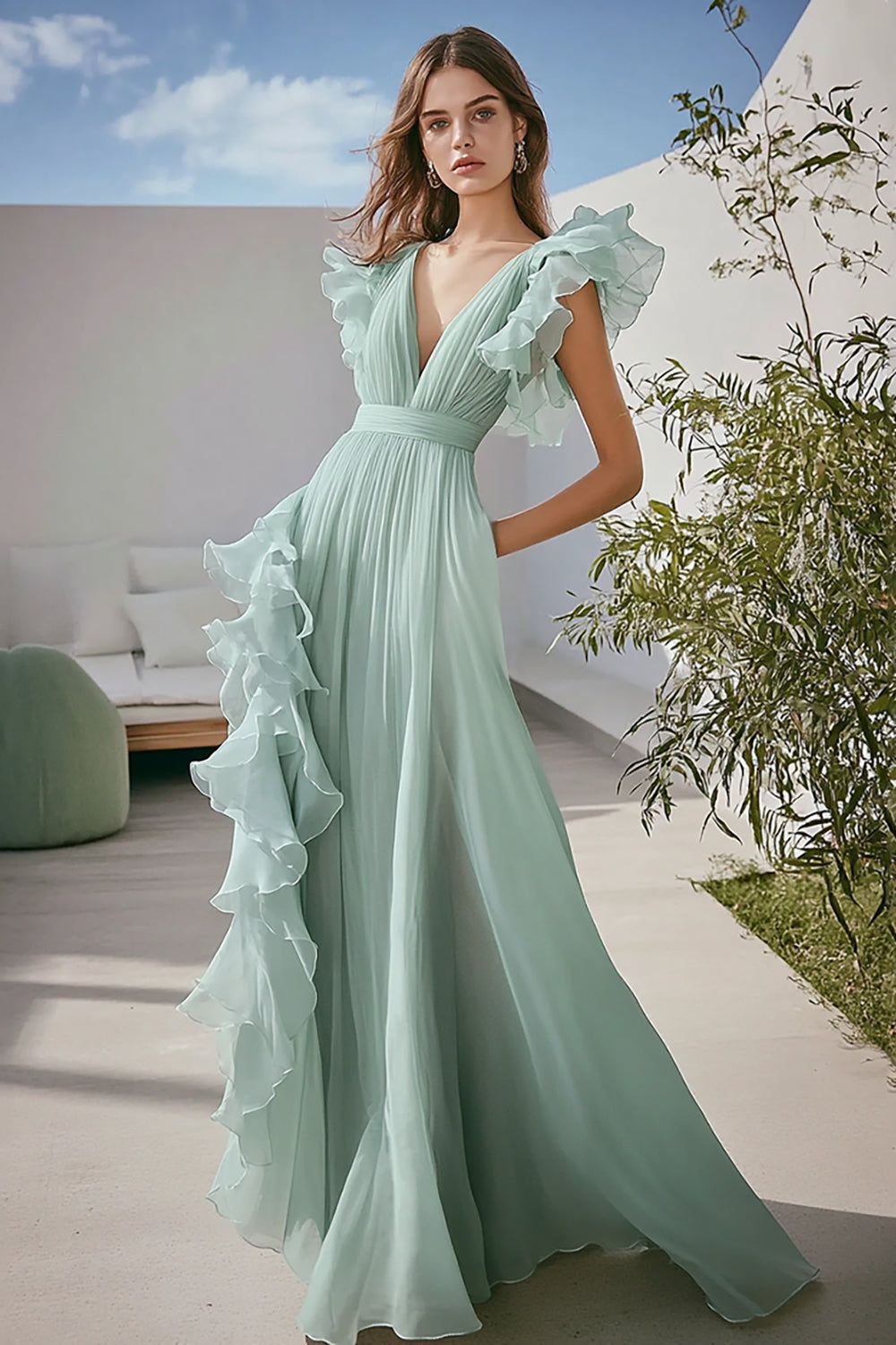 Light Green A Line Chiffon V-Neck Ruffled Long Formal Dress