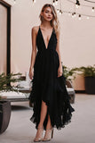 Black A Line Deep V-Neck Chiffon Formal Dress