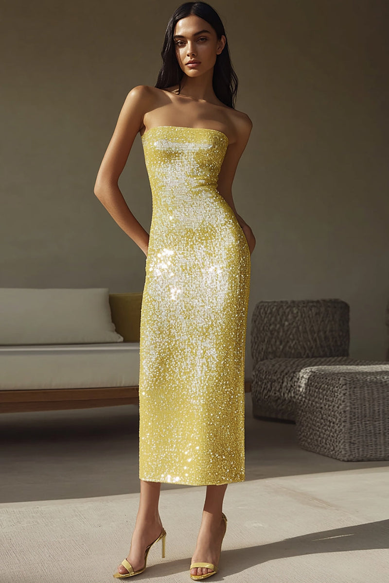Load image into Gallery viewer, Sparkly Yellow Strapless Sheath Sequin Long Formal Dress