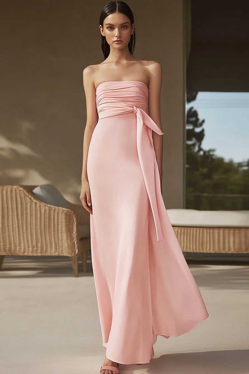 Load image into Gallery viewer, Pink Strapless A Line Ruched Chiffon Long Formal Dress