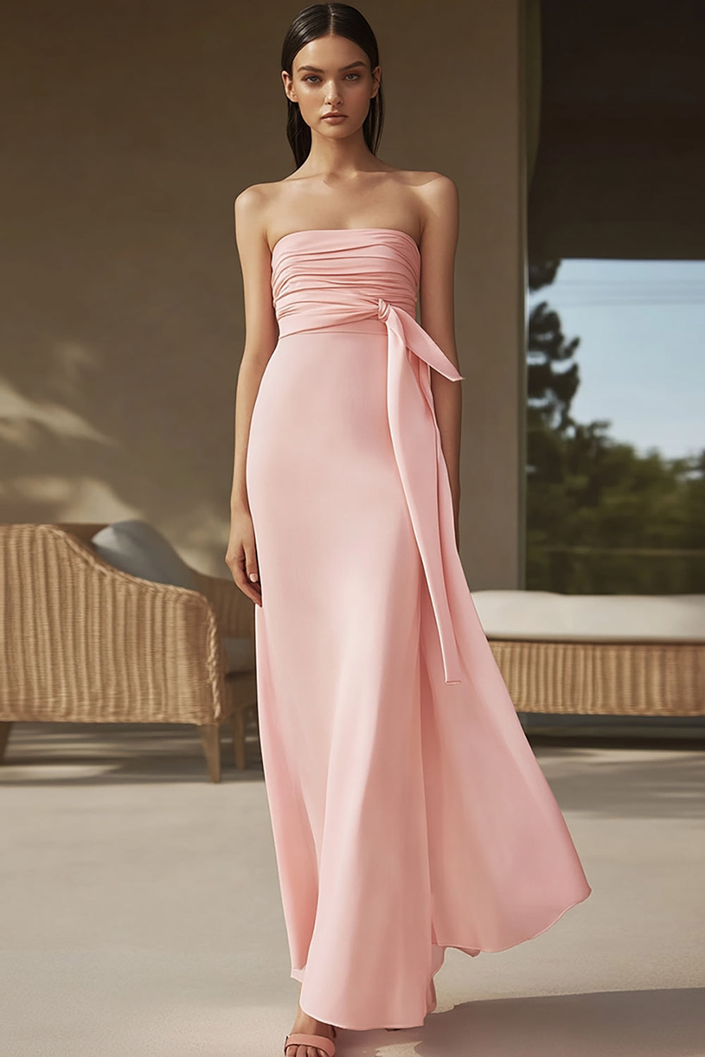 Pink Strapless A Line Ruched Chiffon Long Formal Dress