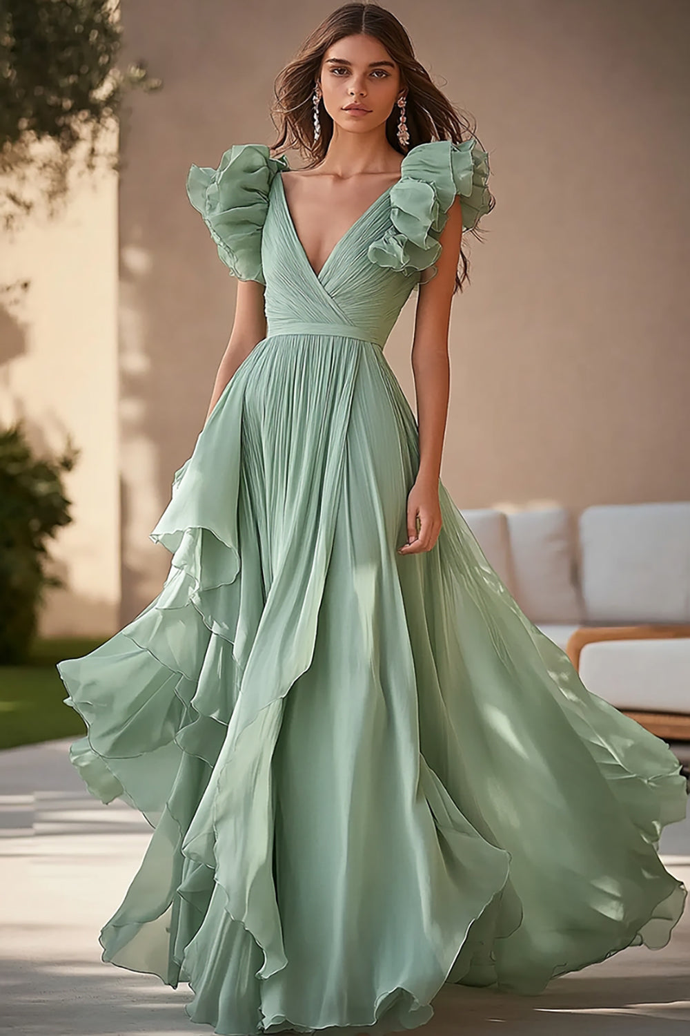 Light Green Chiffon Long A Line Formal Dress with Ruffles