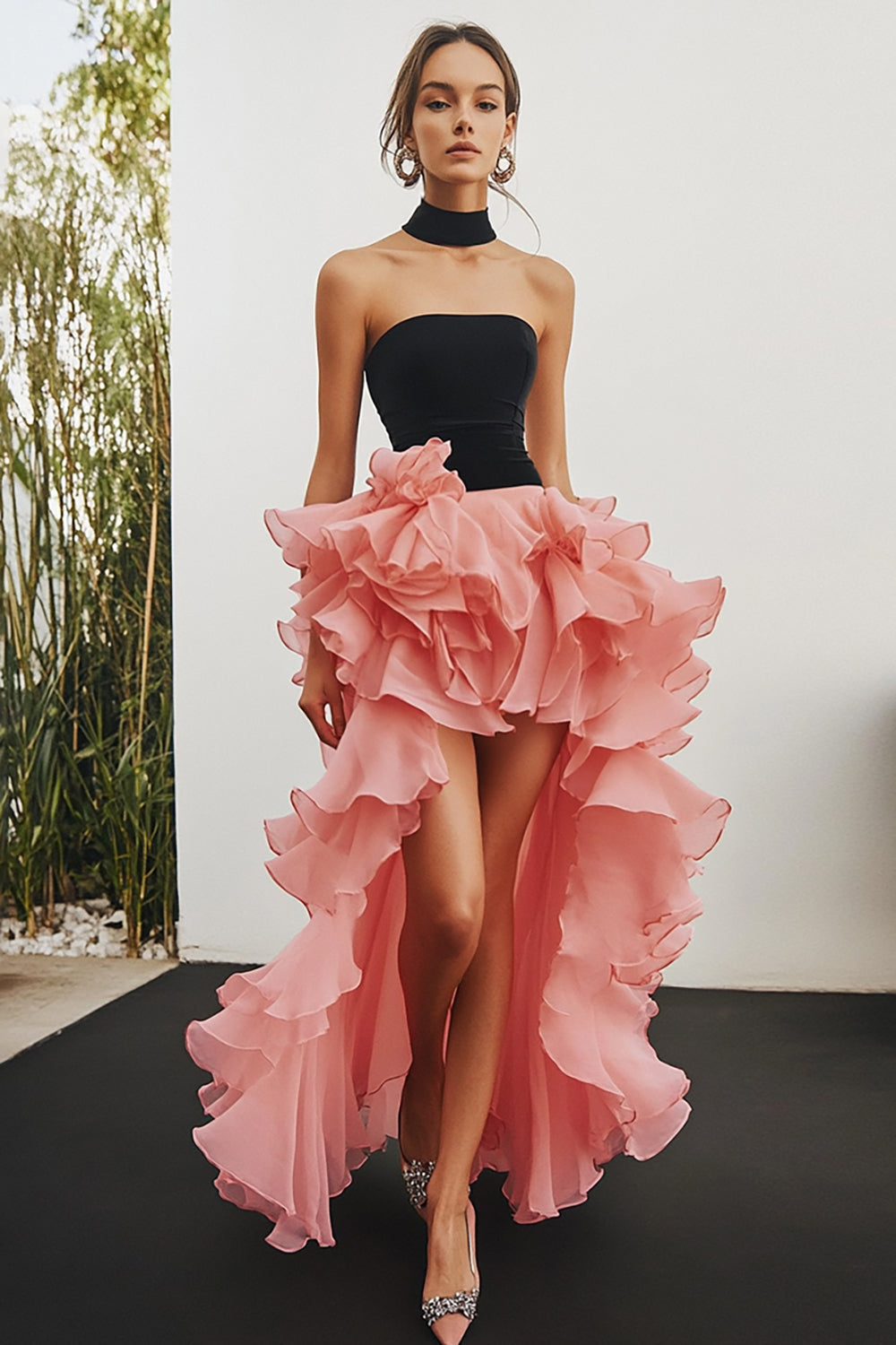 Black Pink Strapless High-Low Long Formal Dress with Ruffles