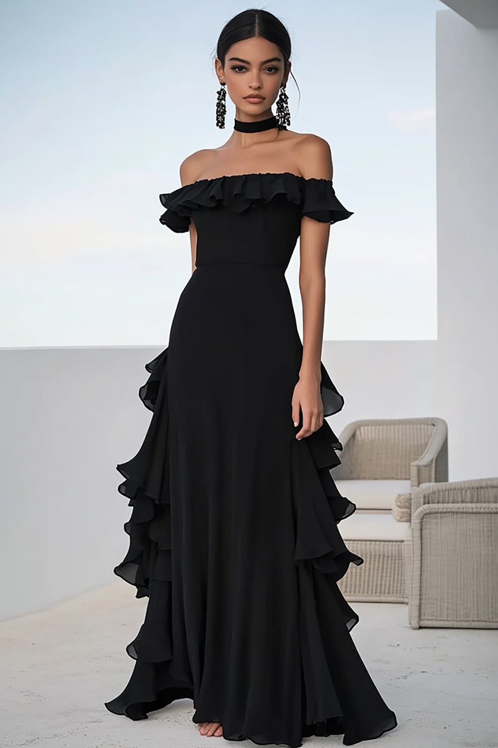 Black A Line Chiffon Ruffled Long Formal Dress