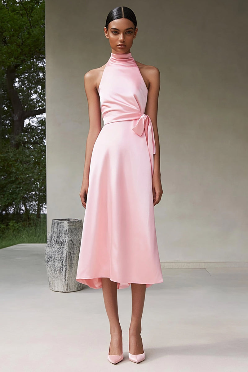 Load image into Gallery viewer, Pink A Line Halter Tea Length Satin Formal Dress