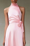 Pink A Line Halter Tea Length Satin Formal Dress