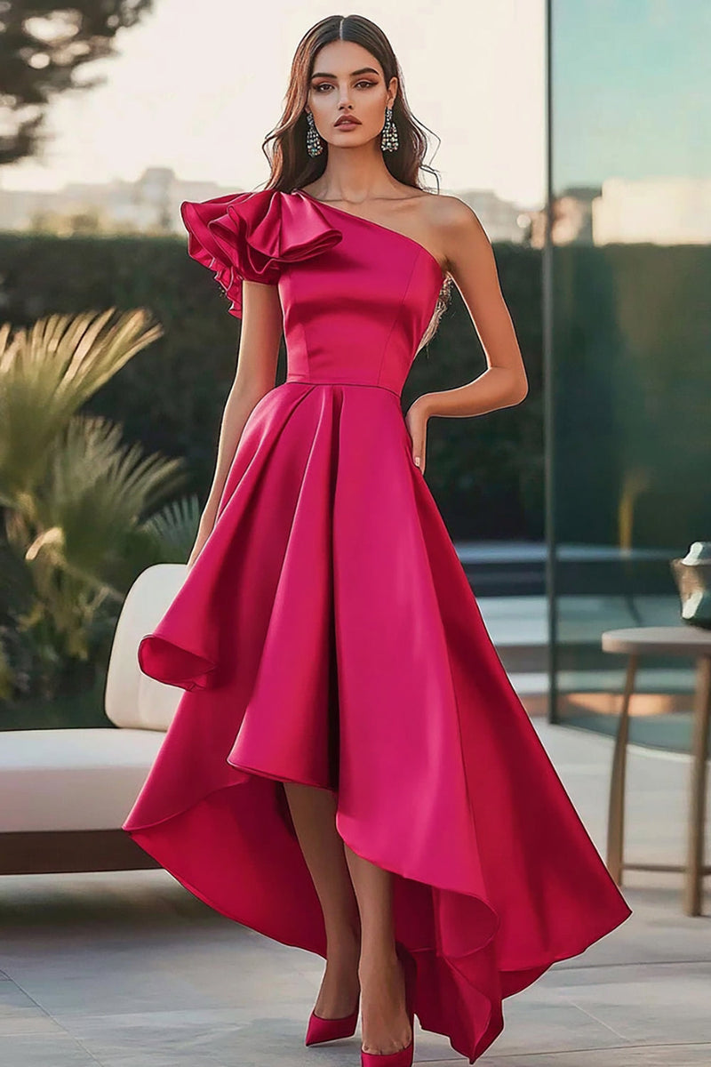 Load image into Gallery viewer, Fuchsia One Shoulder High-Low Satin A Line Formal Dress