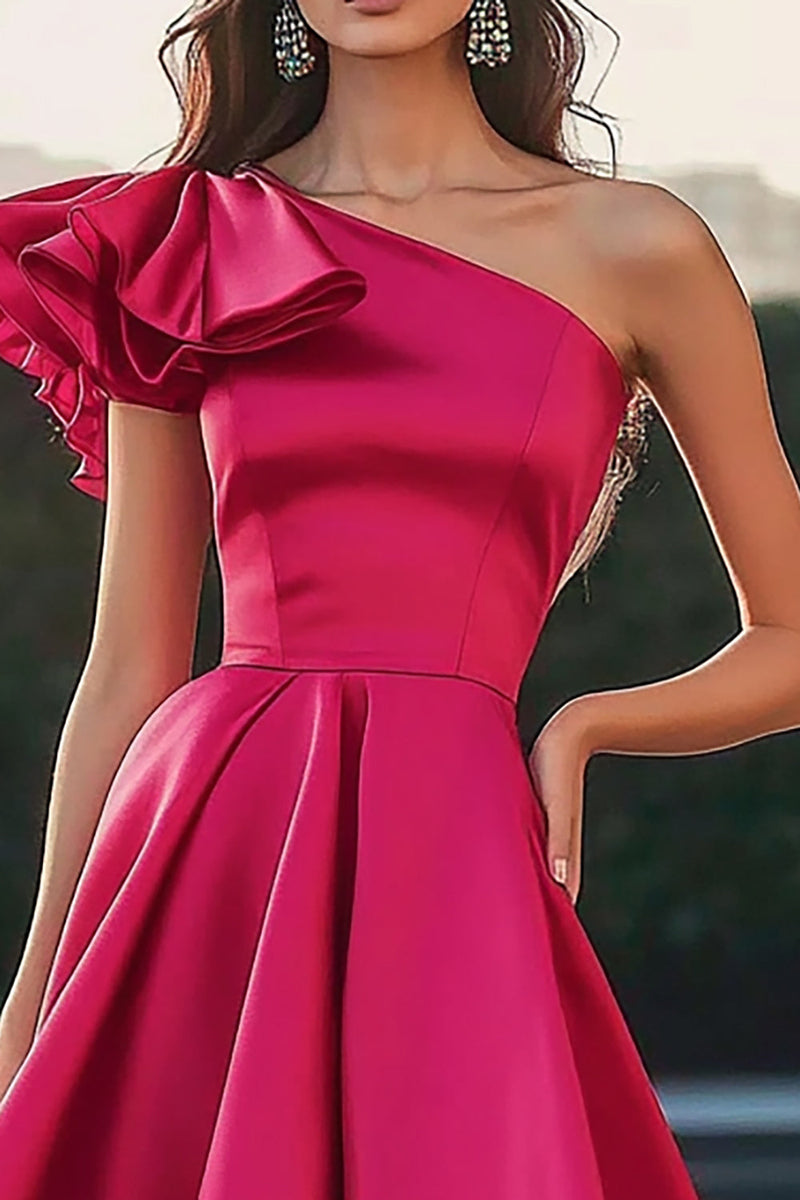 Load image into Gallery viewer, Fuchsia One Shoulder High-Low Satin A Line Formal Dress