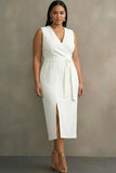 Plus Size White V-Neck Satin Midi Formal Dress with Belt