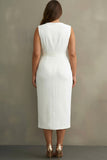 Plus Size White V-Neck Satin Midi Formal Dress with Belt