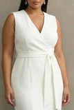 Plus Size White V-Neck Satin Midi Formal Dress with Belt
