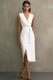 White Satin V-Neck Formal Dress with Belt