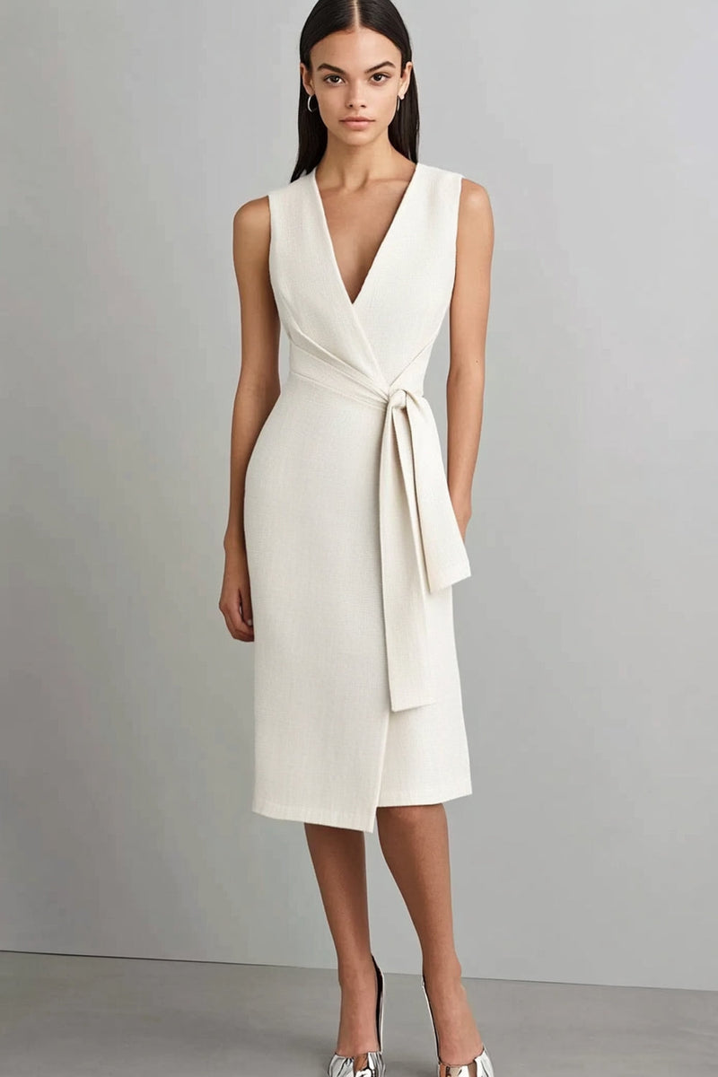 Load image into Gallery viewer, Ivory V-Neck Knee Length Formal Dress with Belt