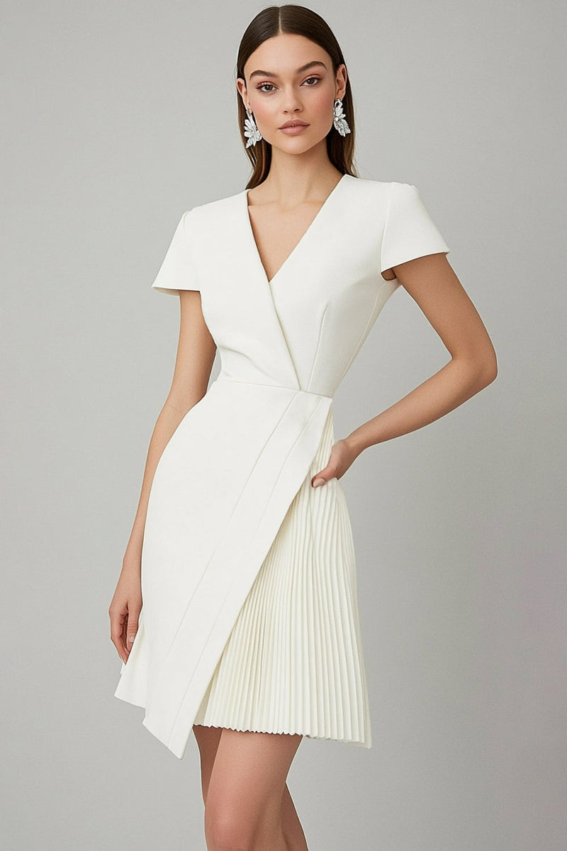 Load image into Gallery viewer, White V-Neck A Line Work Dress with Short Sleeves