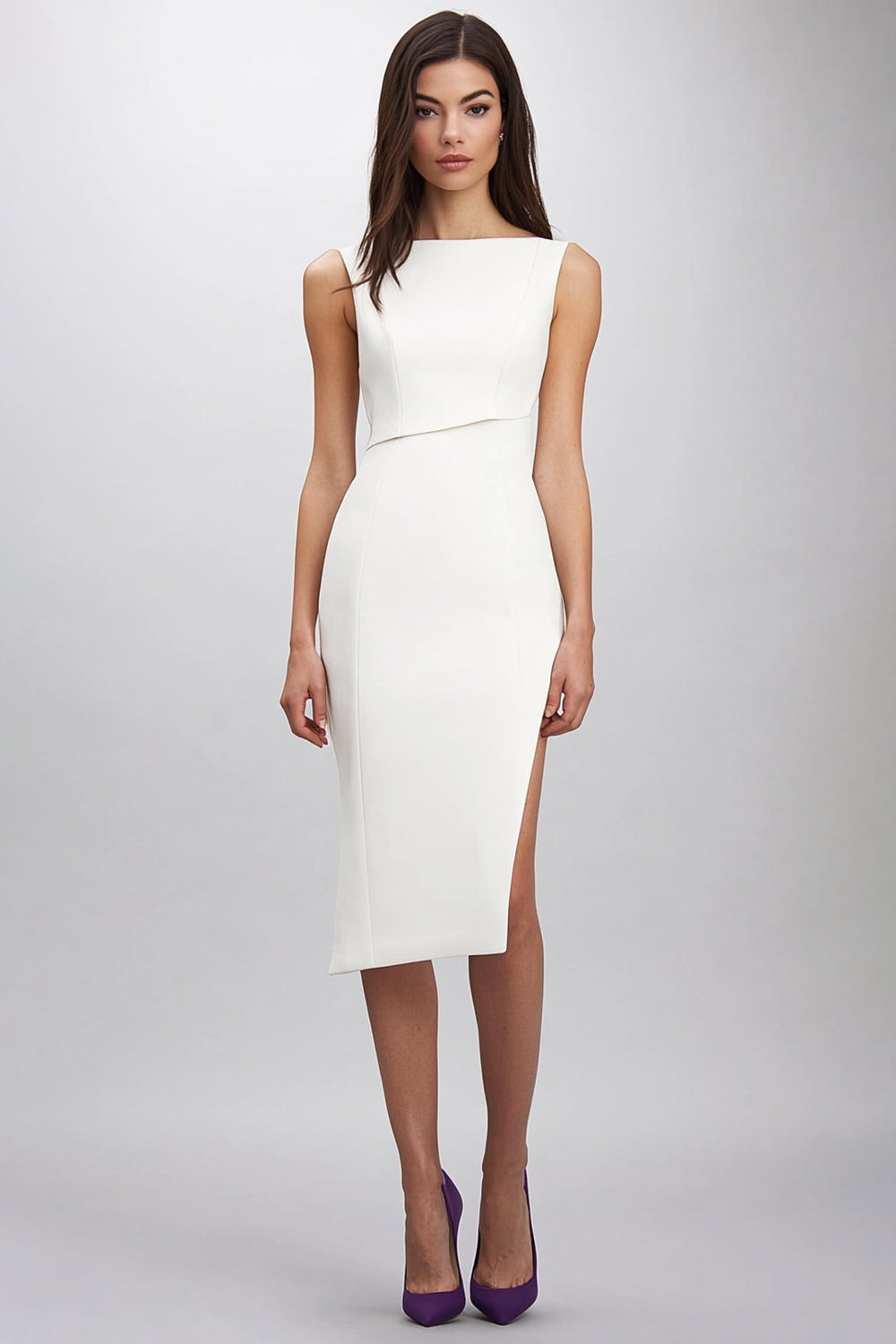 White Sleeveless Satin Bodycon Formal Dress with Slit