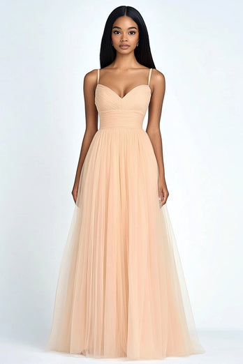 Peach A Line Spaghetti Straps Tulle Long Wedding Guest Dress