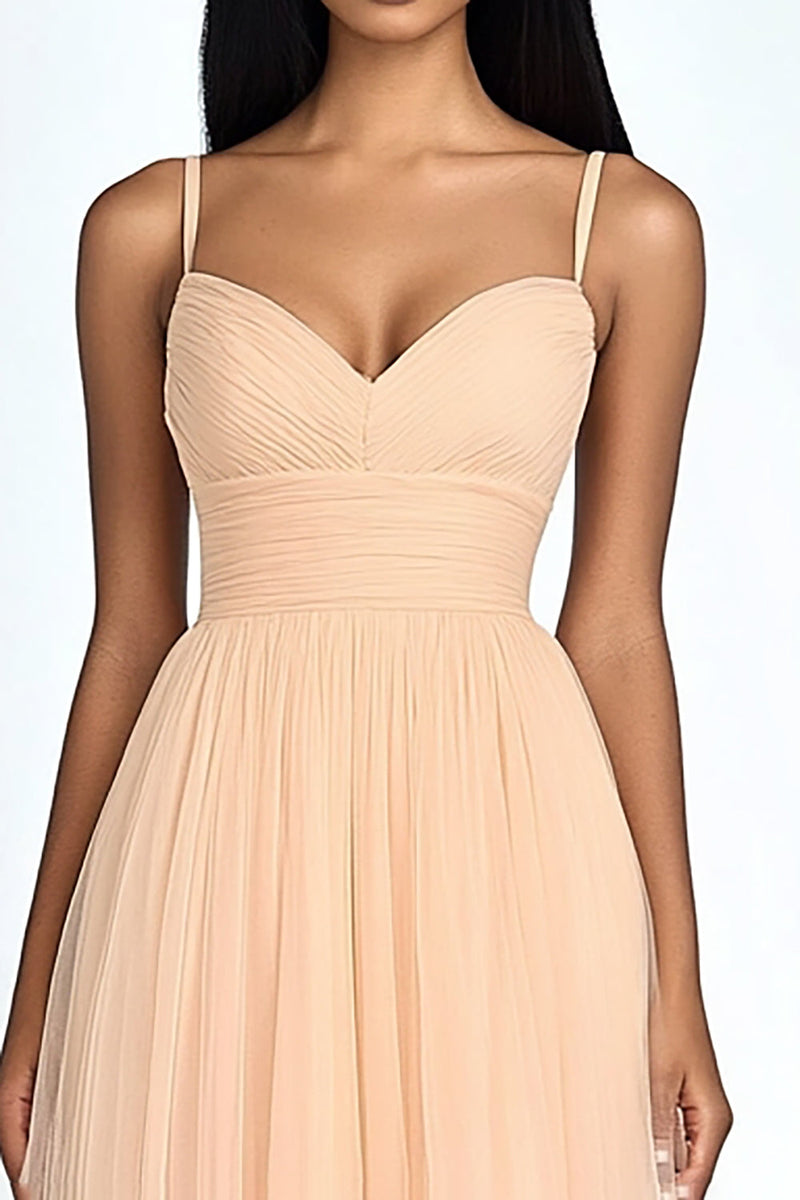 Load image into Gallery viewer, Peach A Line Spaghetti Straps Tulle Long Wedding Guest Dress